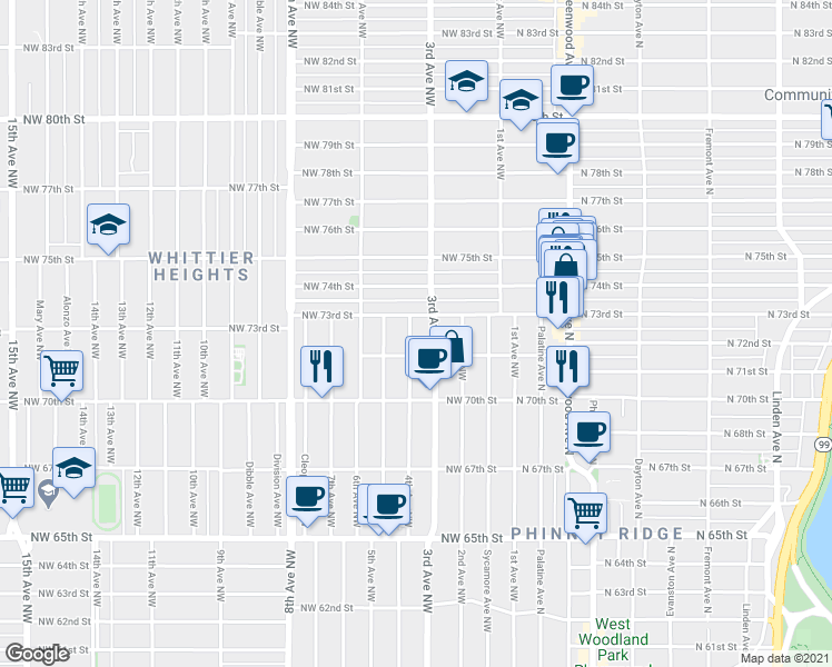 map of restaurants, bars, coffee shops, grocery stores, and more near 302 Northwest 73rd Street in Seattle