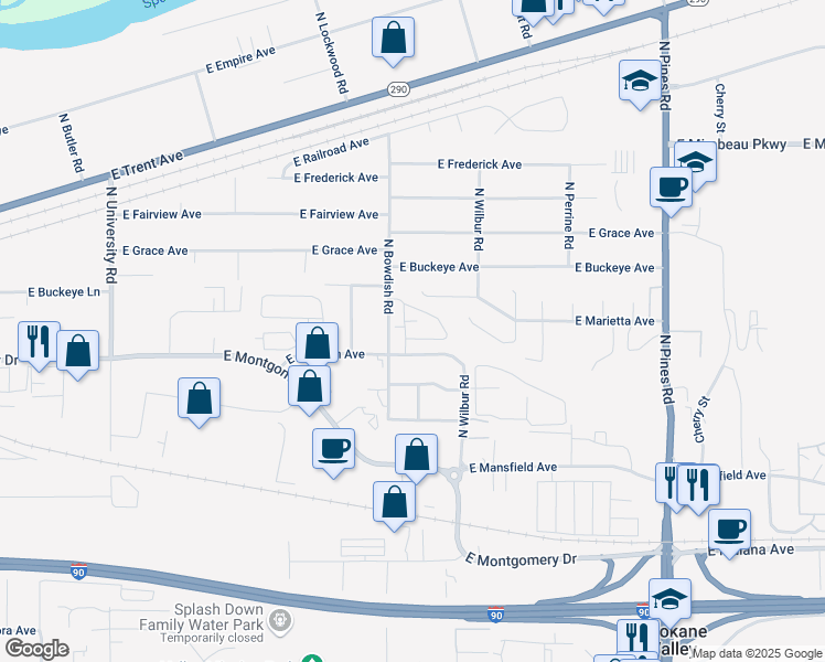 map of restaurants, bars, coffee shops, grocery stores, and more near 2718 North Bowdish Road in Spokane