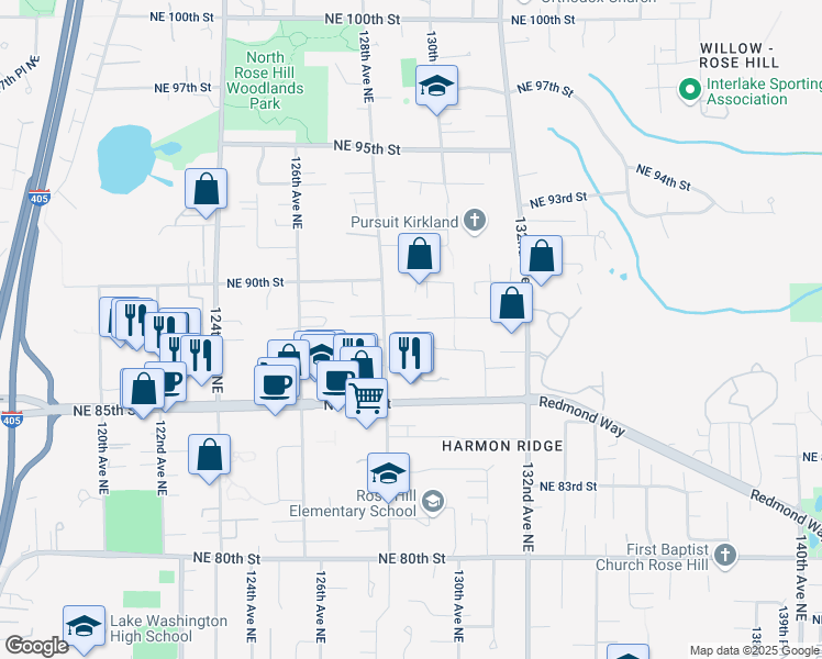 map of restaurants, bars, coffee shops, grocery stores, and more near 12806 Northeast 88th Street in Kirkland