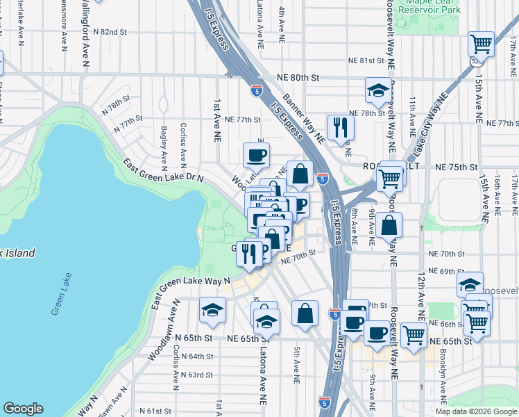 map of restaurants, bars, coffee shops, grocery stores, and more near 7420 4th Avenue Northeast in Seattle