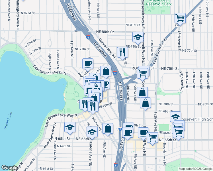 map of restaurants, bars, coffee shops, grocery stores, and more near 7215 5th Avenue Northeast in Seattle