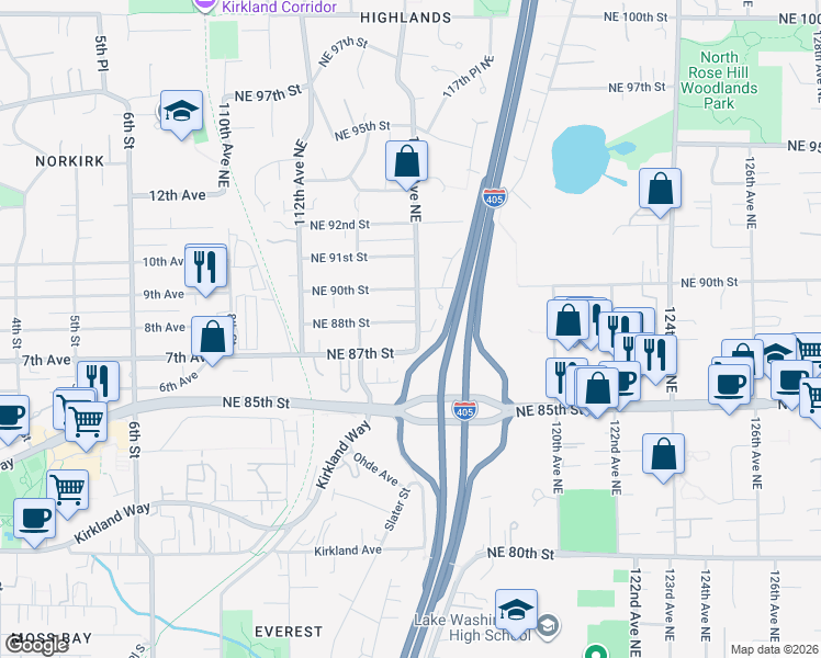 map of restaurants, bars, coffee shops, grocery stores, and more near 8797 116th Avenue Northeast in Kirkland