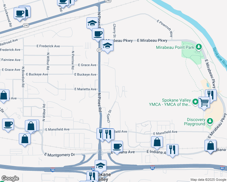 map of restaurants, bars, coffee shops, grocery stores, and more near 2702 North Pines Road in Spokane Valley