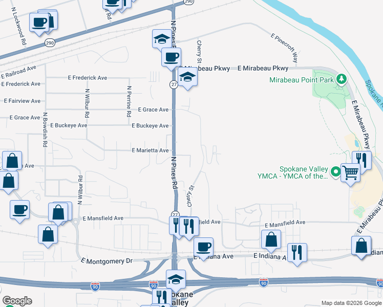 map of restaurants, bars, coffee shops, grocery stores, and more near N Cherry Ln in Spokane