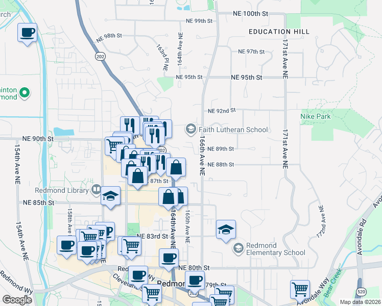 map of restaurants, bars, coffee shops, grocery stores, and more near 8921 166th Avenue Northeast in Redmond