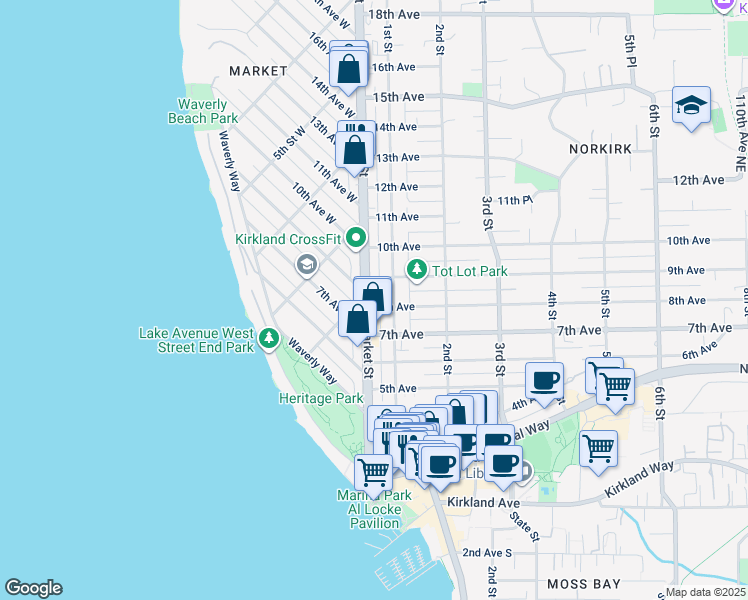 map of restaurants, bars, coffee shops, grocery stores, and more near 820 Market Street in Kirkland
