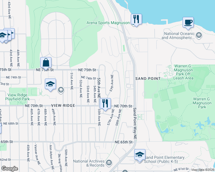 map of restaurants, bars, coffee shops, grocery stores, and more near 7321 56th Avenue Northeast in Seattle