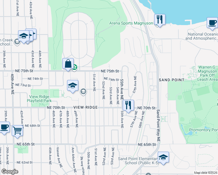 map of restaurants, bars, coffee shops, grocery stores, and more near 5215 Northeast 74th Street in Seattle