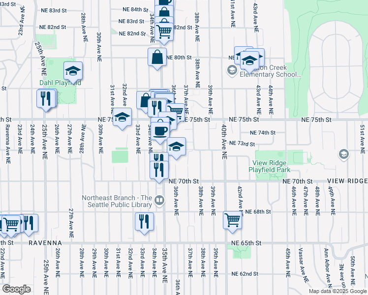 map of restaurants, bars, coffee shops, grocery stores, and more near 3604 Northeast 73rd Place in Seattle