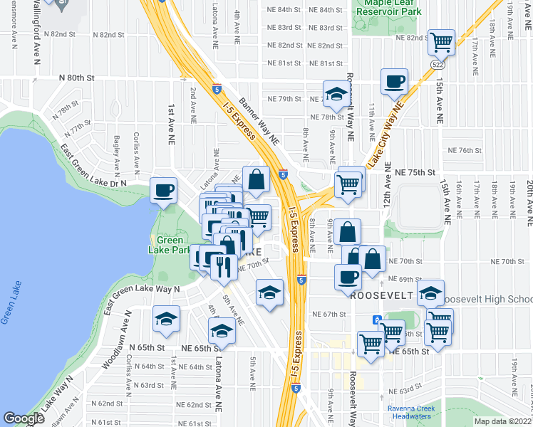 map of restaurants, bars, coffee shops, grocery stores, and more near 513 Northeast 74th Street in Seattle