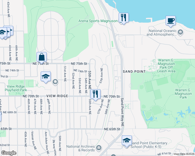 map of restaurants, bars, coffee shops, grocery stores, and more near 7321 56th Avenue Northeast in Seattle