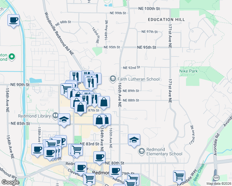 map of restaurants, bars, coffee shops, grocery stores, and more near 8835 166th Avenue Northeast in Redmond