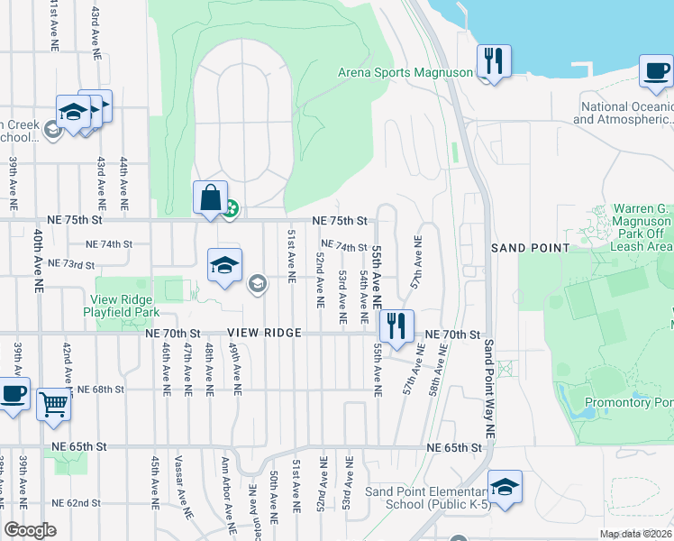 map of restaurants, bars, coffee shops, grocery stores, and more near 5215 Northeast 74th Street in Seattle