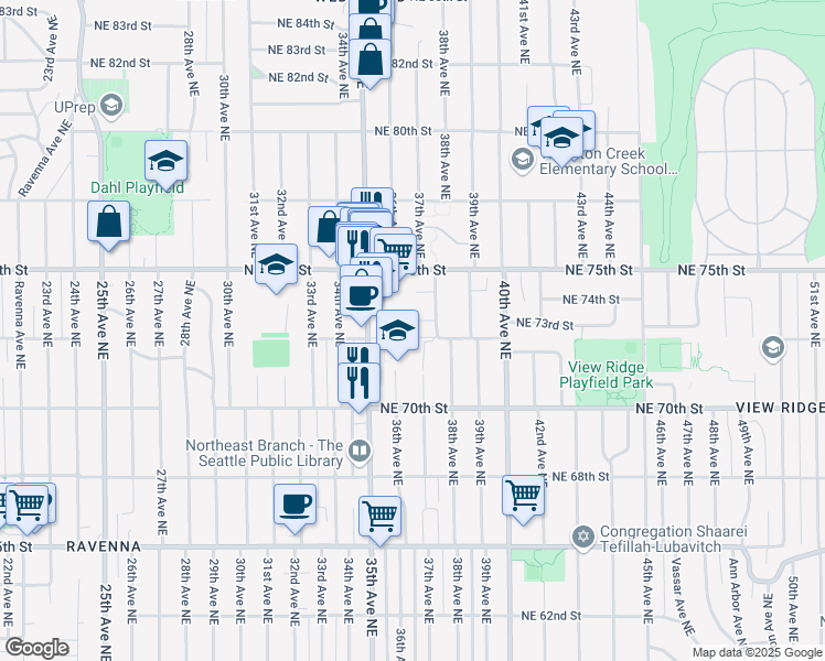 map of restaurants, bars, coffee shops, grocery stores, and more near 3615 Northeast 73rd Place in Seattle