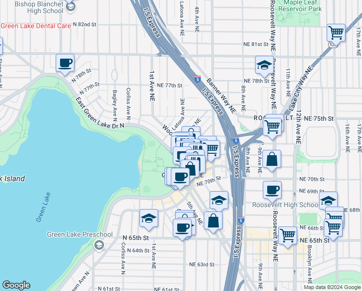 map of restaurants, bars, coffee shops, grocery stores, and more near 7321 Woodlawn Avenue Northeast in Seattle