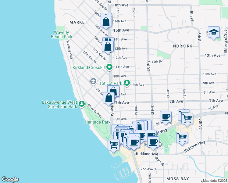 map of restaurants, bars, coffee shops, grocery stores, and more near 804 Market Street in Kirkland