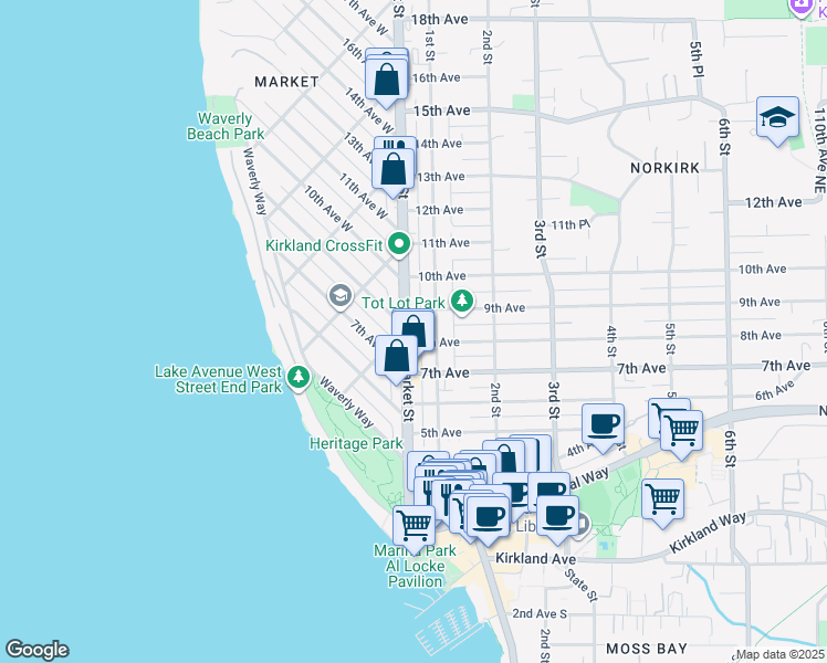 map of restaurants, bars, coffee shops, grocery stores, and more near 820 Market Street in Kirkland