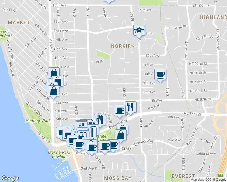 map of restaurants, bars, coffee shops, grocery stores, and more near 416 8th Avenue in Kirkland