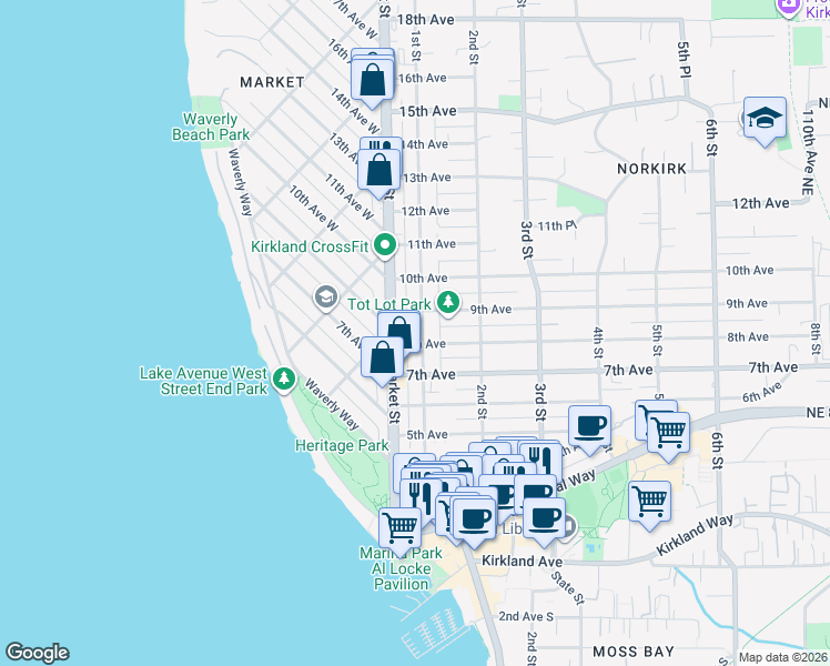 map of restaurants, bars, coffee shops, grocery stores, and more near in Kirkland