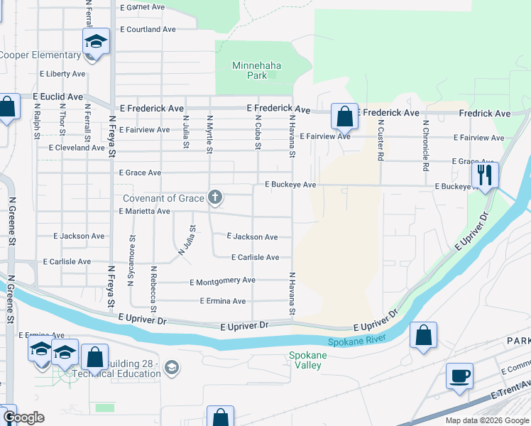 map of restaurants, bars, coffee shops, grocery stores, and more near 4211 East Marietta Avenue in Spokane