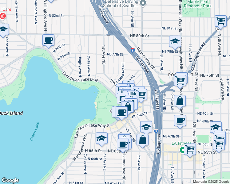 map of restaurants, bars, coffee shops, grocery stores, and more near 7364 East Green Lake Drive North in Seattle