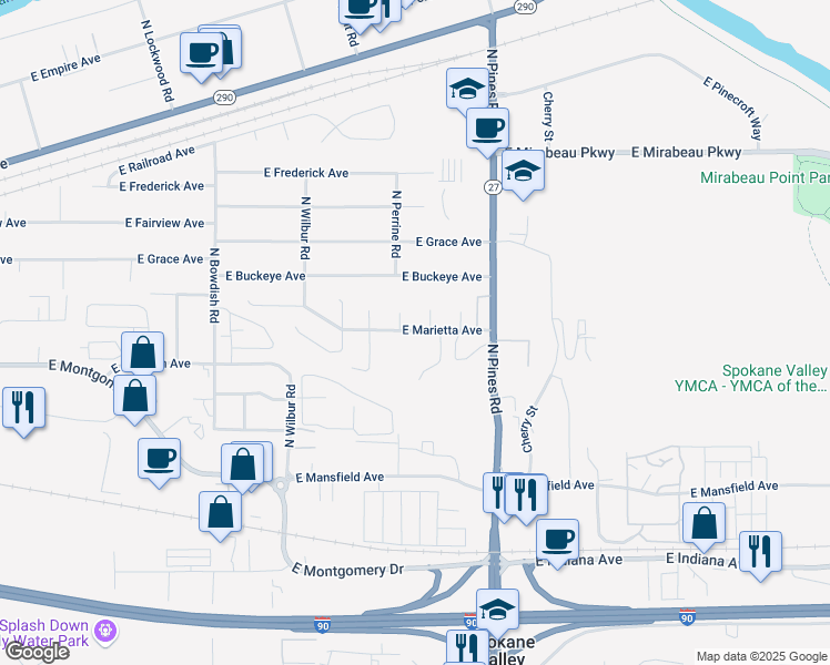 map of restaurants, bars, coffee shops, grocery stores, and more near 2714 North Perrine Court in Spokane Valley
