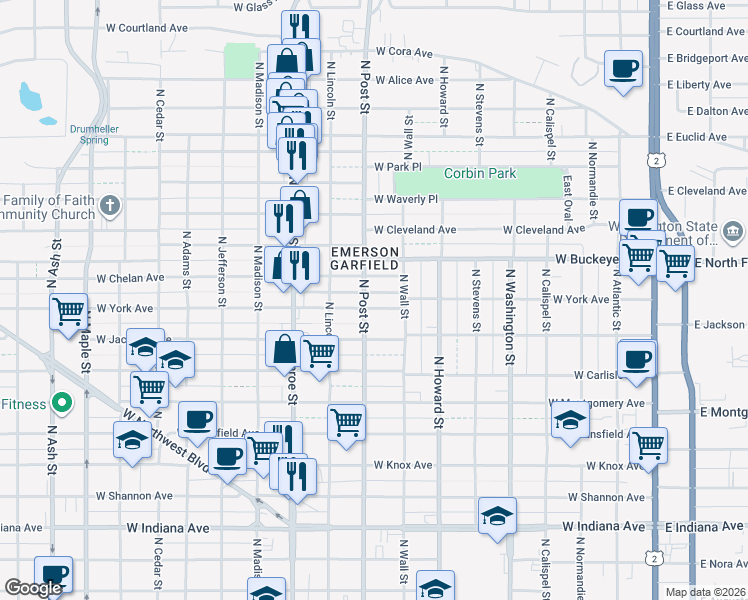 map of restaurants, bars, coffee shops, grocery stores, and more near in Spokane