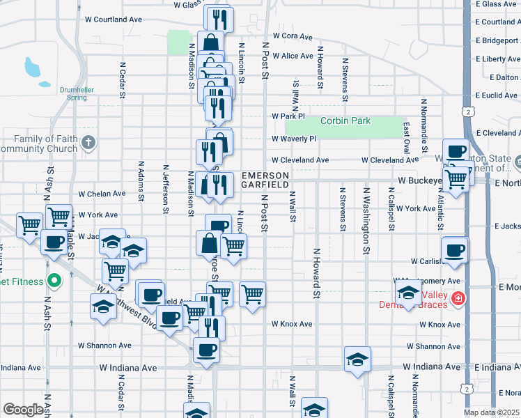 map of restaurants, bars, coffee shops, grocery stores, and more near 817 West Chelan Avenue in Spokane