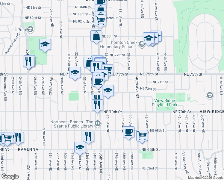 map of restaurants, bars, coffee shops, grocery stores, and more near 3604 Northeast 73rd Place in Seattle