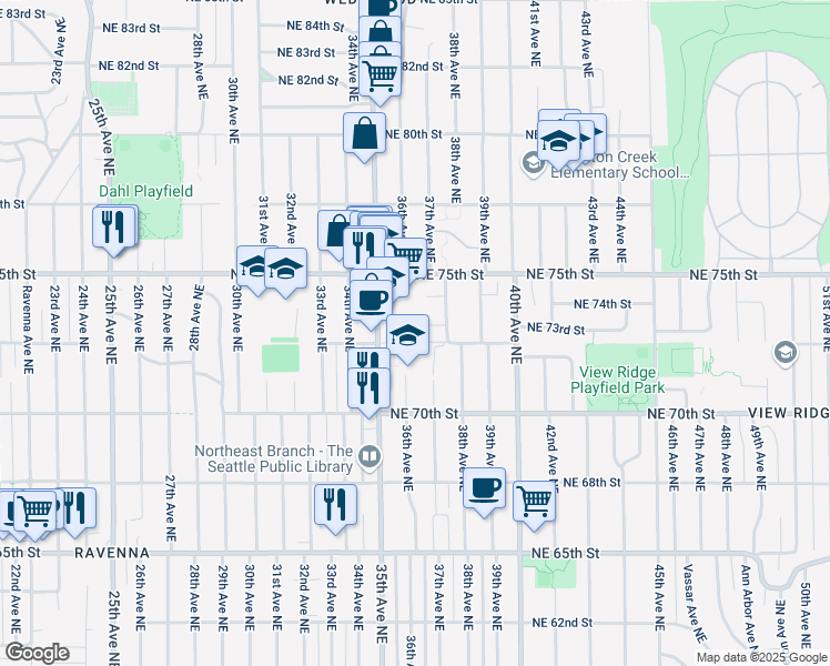 map of restaurants, bars, coffee shops, grocery stores, and more near 3604 Northeast 73rd Place in Seattle
