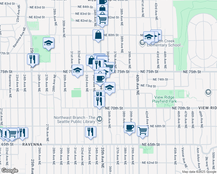 map of restaurants, bars, coffee shops, grocery stores, and more near 3604 Northeast 73rd Place in Seattle