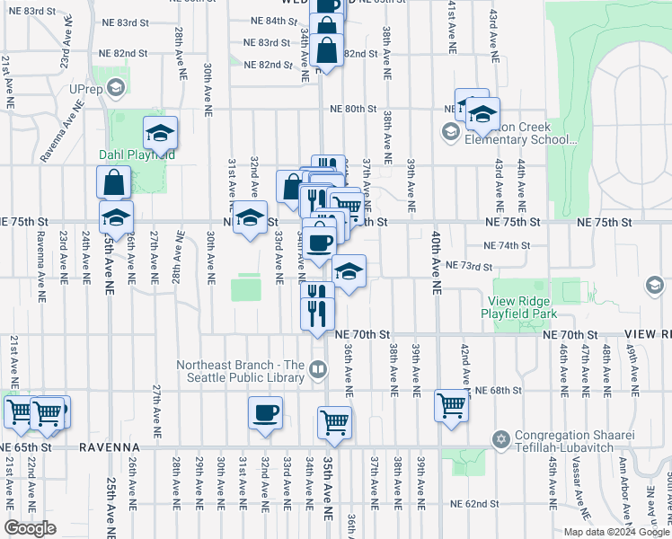 map of restaurants, bars, coffee shops, grocery stores, and more near 7327 35th Avenue Northeast in Seattle