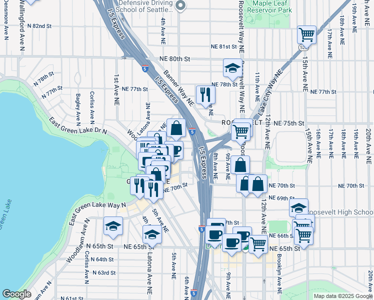 map of restaurants, bars, coffee shops, grocery stores, and more near 513 Northeast 74th Street in Seattle
