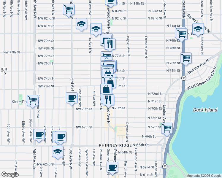 map of restaurants, bars, coffee shops, grocery stores, and more near in Seattle