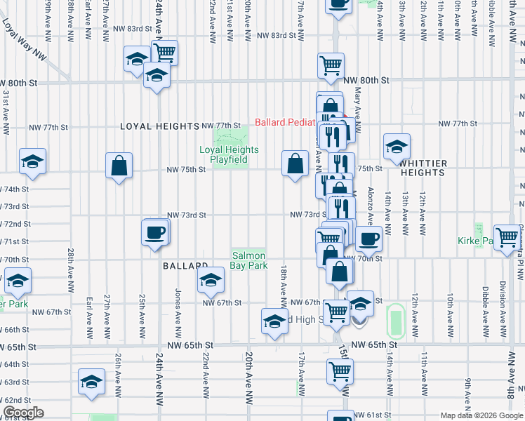 map of restaurants, bars, coffee shops, grocery stores, and more near 7318 20th Avenue Northwest in Seattle