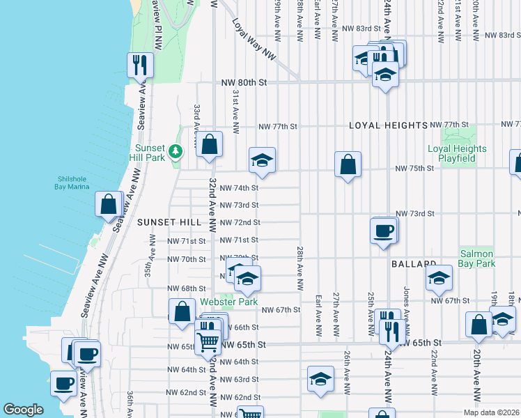 map of restaurants, bars, coffee shops, grocery stores, and more near 7312 30th Avenue Northwest in Seattle