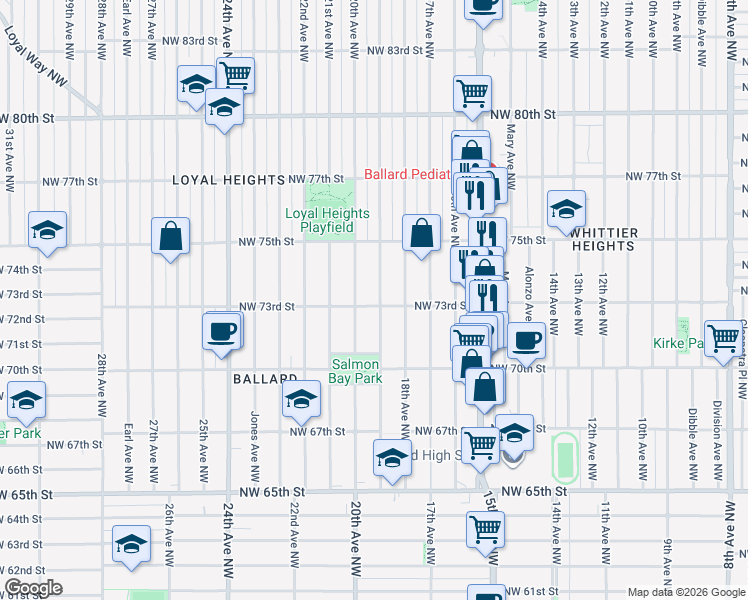 map of restaurants, bars, coffee shops, grocery stores, and more near 7318 20th Avenue Northwest in Seattle