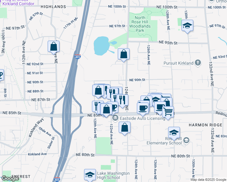 map of restaurants, bars, coffee shops, grocery stores, and more near 8914 122nd Avenue Northeast in Kirkland