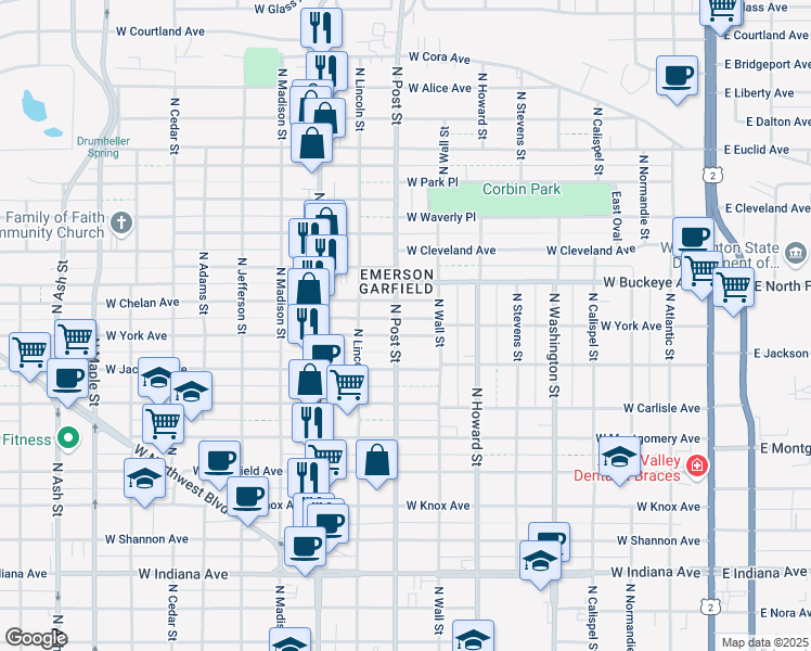 map of restaurants, bars, coffee shops, grocery stores, and more near in Spokane