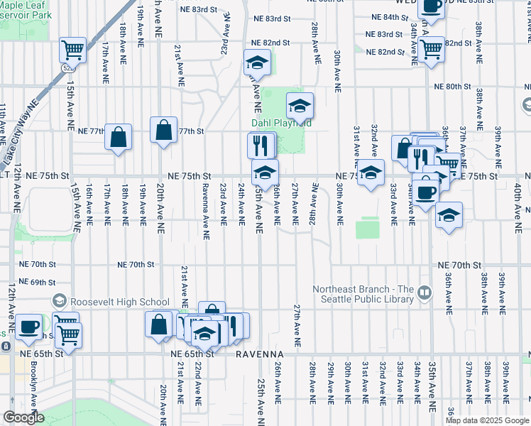 map of restaurants, bars, coffee shops, grocery stores, and more near 7074 25th Avenue Northeast in Seattle
