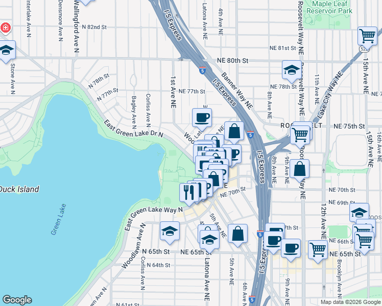 map of restaurants, bars, coffee shops, grocery stores, and more near 7364 East Green Lake Drive North in Seattle
