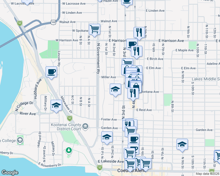 map of restaurants, bars, coffee shops, grocery stores, and more near 901 North 2nd Street in Coeur d'Alene
