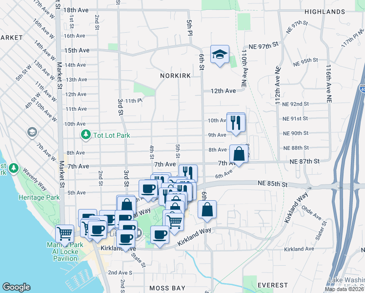 map of restaurants, bars, coffee shops, grocery stores, and more near 508 8th Avenue in Kirkland