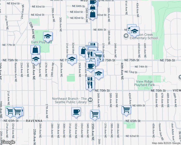 map of restaurants, bars, coffee shops, grocery stores, and more near 7307 35th Avenue Northeast in Seattle