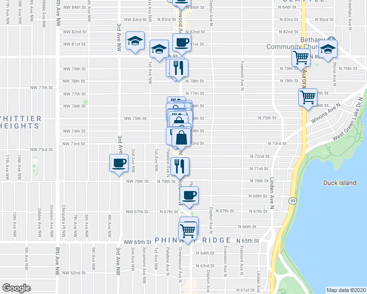 map of restaurants, bars, coffee shops, grocery stores, and more near 7214 Greenwood Avenue North in Seattle