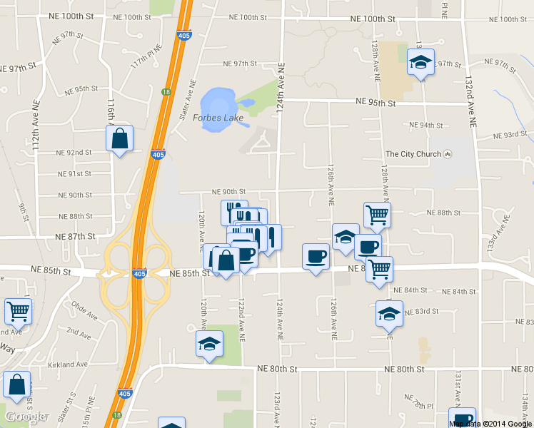 map of restaurants, bars, coffee shops, grocery stores, and more near 8806 123rd Lane Northeast in Kirkland