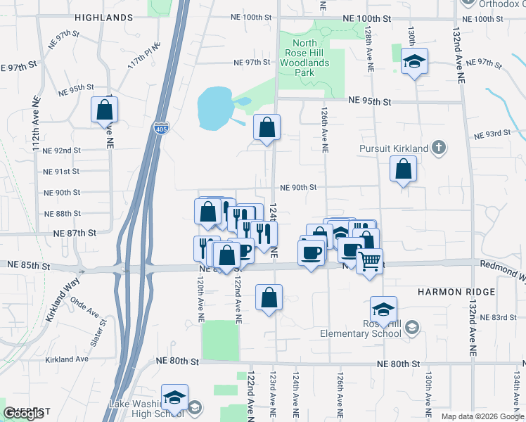 map of restaurants, bars, coffee shops, grocery stores, and more near 8906 123rd Lane Northeast in Kirkland