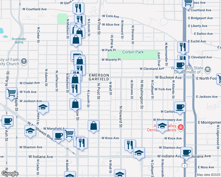 map of restaurants, bars, coffee shops, grocery stores, and more near 2614 North Wall Street in Spokane