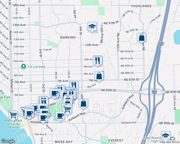 map of restaurants, bars, coffee shops, grocery stores, and more near 619 9th Avenue in Kirkland