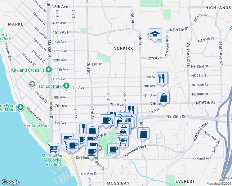map of restaurants, bars, coffee shops, grocery stores, and more near 429 9th Avenue in Kirkland